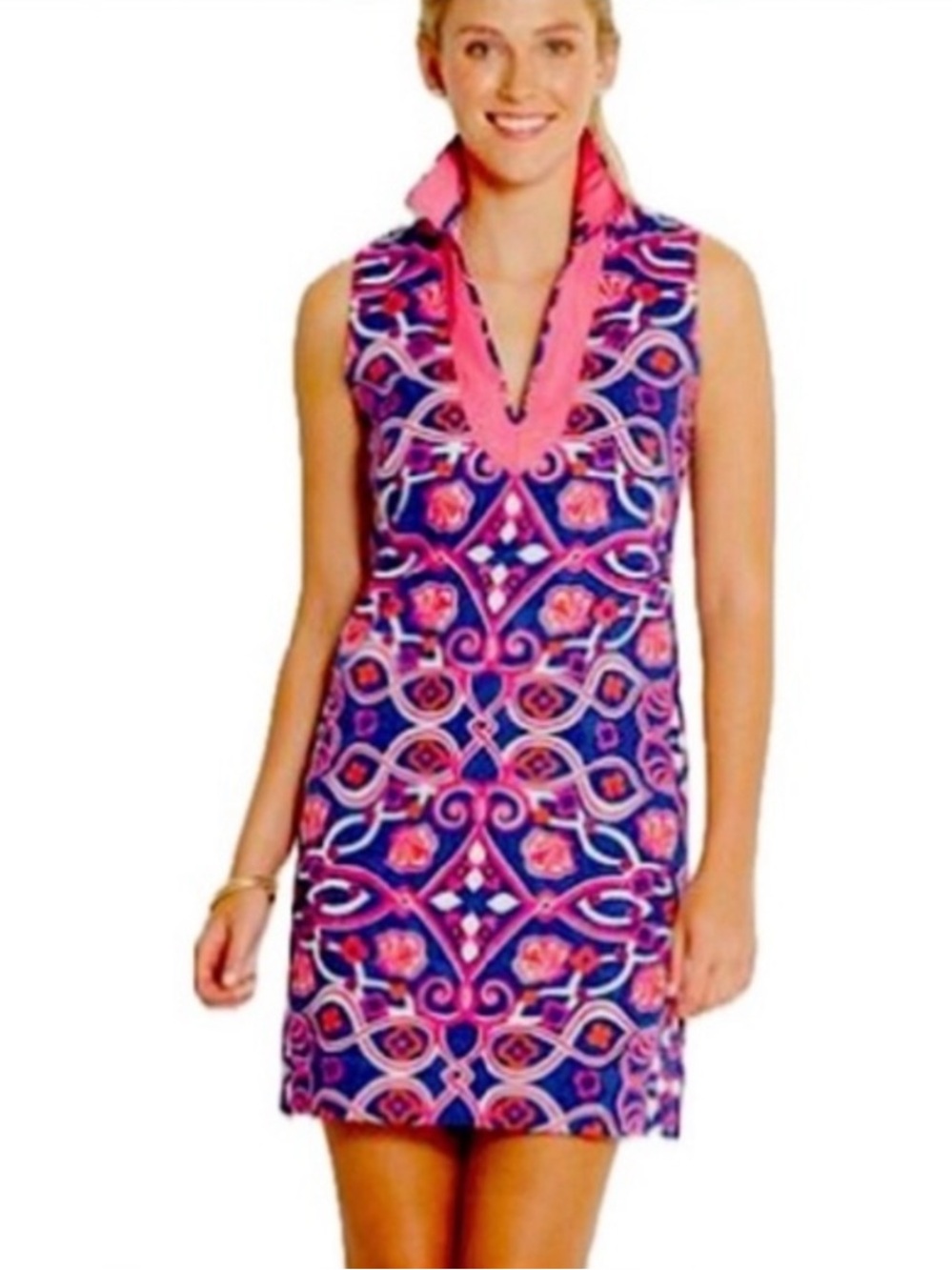 Vineyard Vines 4 Shell Scarf Tunic Dress Navy and pink shell Geometric Print